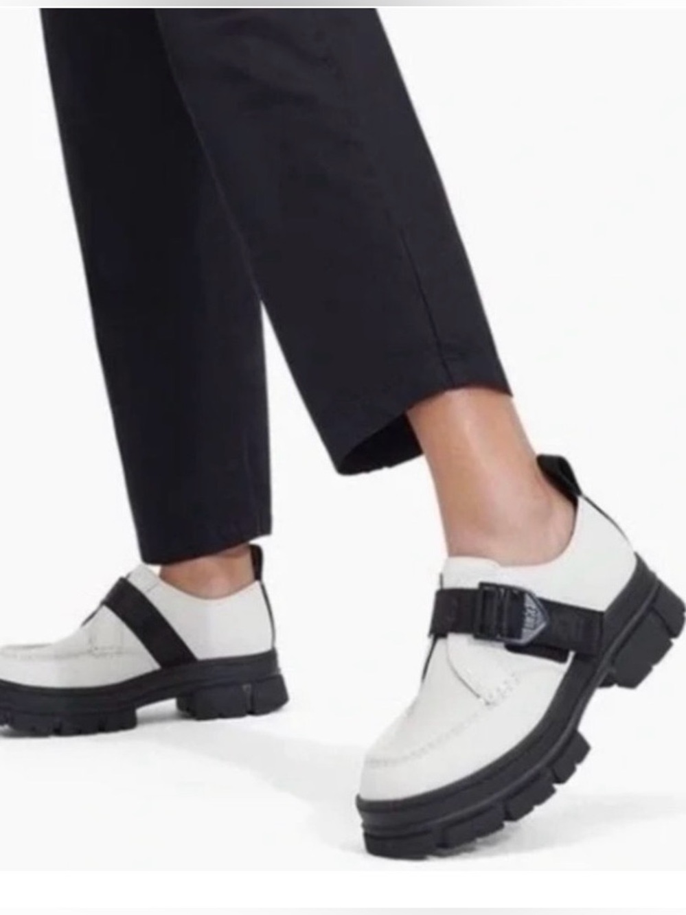UGG White and Black Buckle Strap Lug Sole Loafers